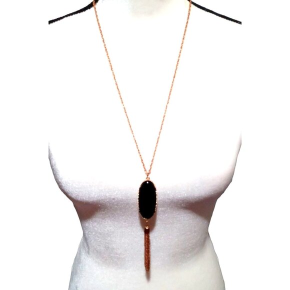 Vintage Black Oval Bead Necklace Tassel Pendant Antiqued Gold Tone 24" Chain - Picture 2 of 7